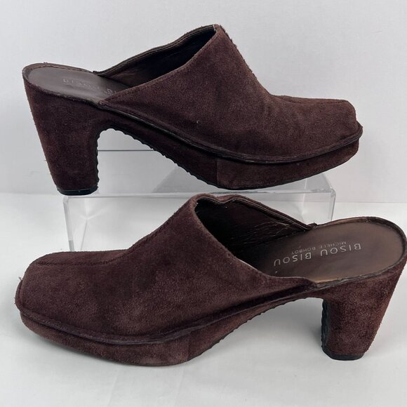 Brown Leather Suede Square Toe Mule High Heel Sz 8.5M Slip On Bisou Bisou - Picture 2 of 14